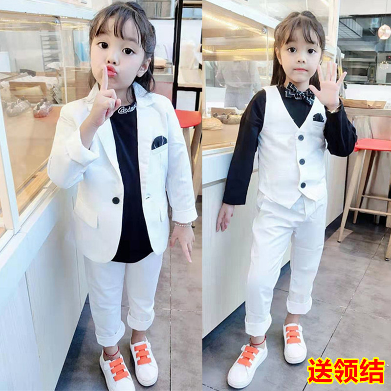 Girls' suit suit western style autumn Korean version children's black and white suit three-piece fashionable girl catwalk costume - Taobao
