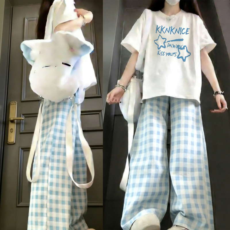 College Style Outfit for Women, Summer Ootd, Petite Short-Sleeved T-Shirt, Blue Plaid Pants, Women's Summer Outfit Set