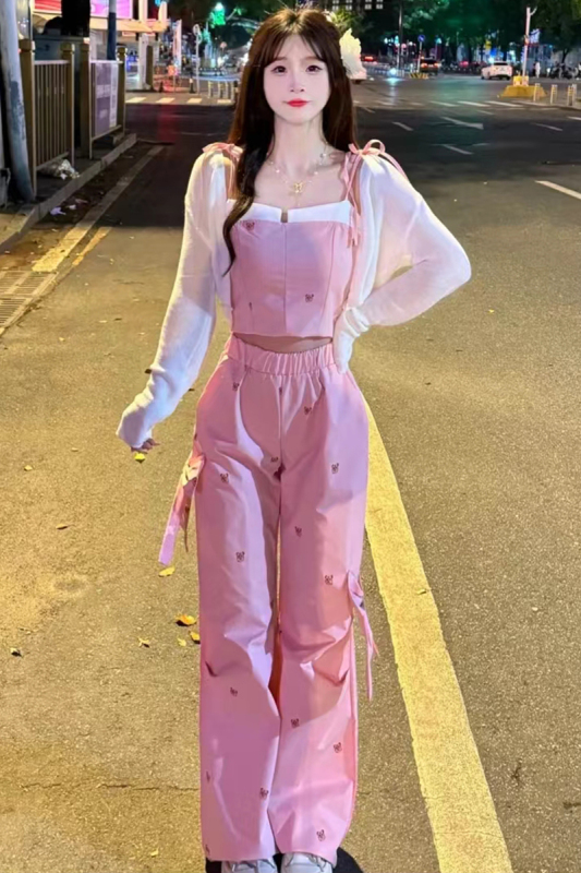 2025 Summer Sweet and Cool Casual Suit for Women: Pink Sexy Tube Top + High-Waisted Printed Cargo Pants Two-Piece Set