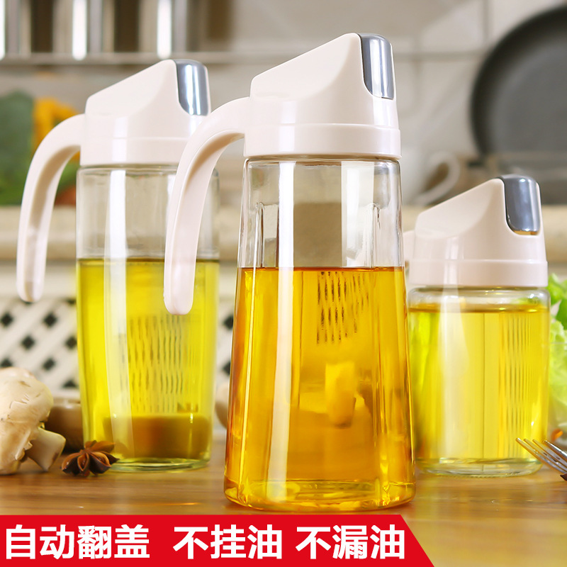 Glass oil kettle household leakage bottle kitchen automatically open with cover flask bottle large capacity vinegar bottle oil tank