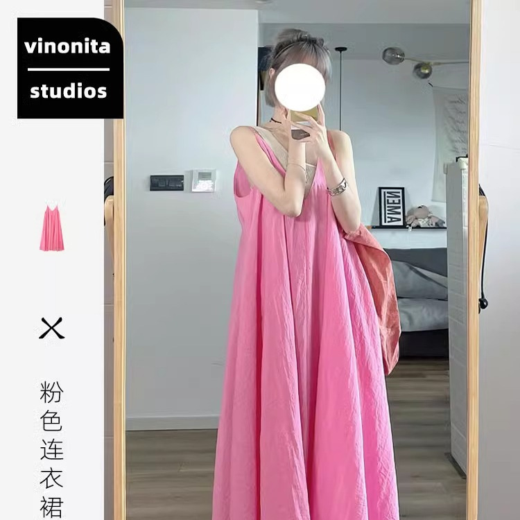 Vinonita Chic and Beautiful Draped Raspberry Pink V-Neck Spaghetti Strap Dress for Women with Large Skirt for Casual Vacation Vinonita Chic and Beautiful Draped Raspberry Pink V-Neck Spaghetti Strap Dress for Women with Large Skirt for Casual Vacation
