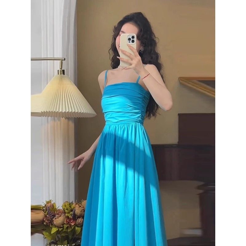 Sanya Yunnan Seaside Cozyrixo Peacock Blue Pleated Strap Dress French Slimming Vacation Midi Dress Sanya Yunnan Seaside Cozyrixo Peacock Blue Pleated Strap Dress French Slimming Vacation Midi Dress