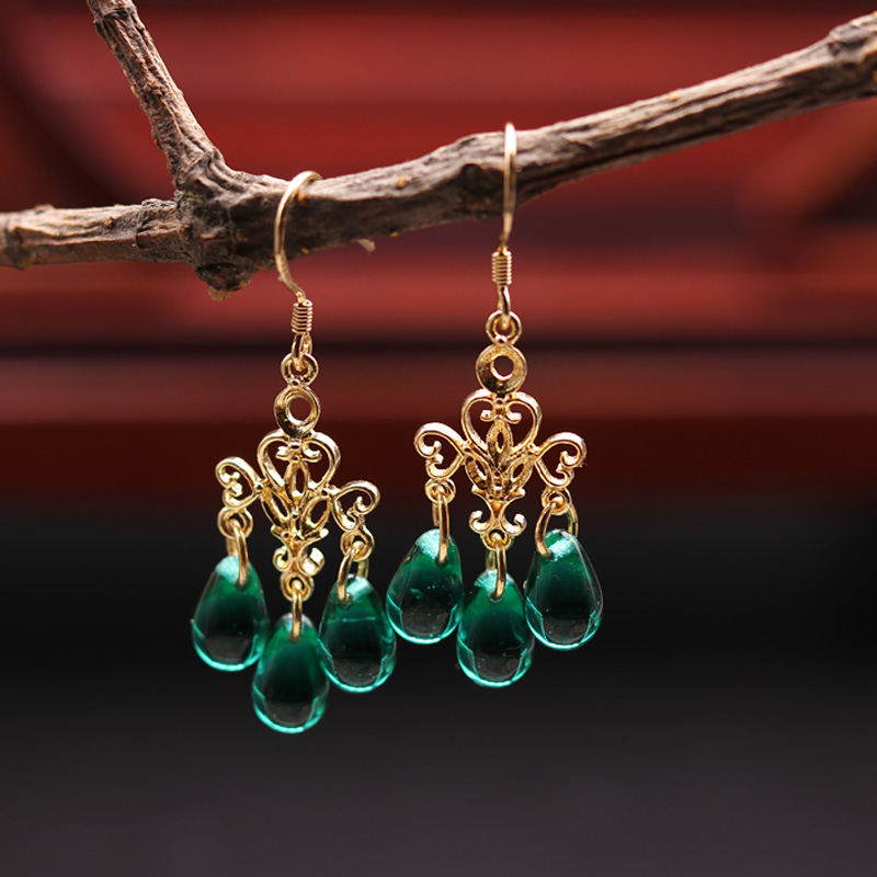 Peacock green water drop earrings glass Chinese style antique earrings temperament graceful classical earrings Hanfu accessories ear clips