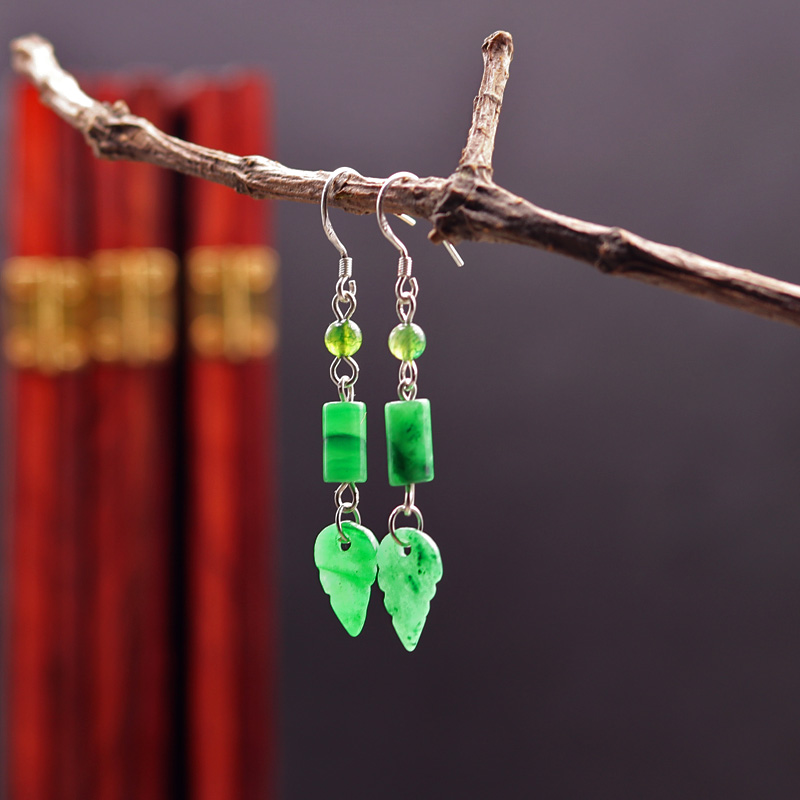 Original dry green jade leaf earrings long version 925 sterling silver earrings Chinese style pastoral wind forest classical earrings