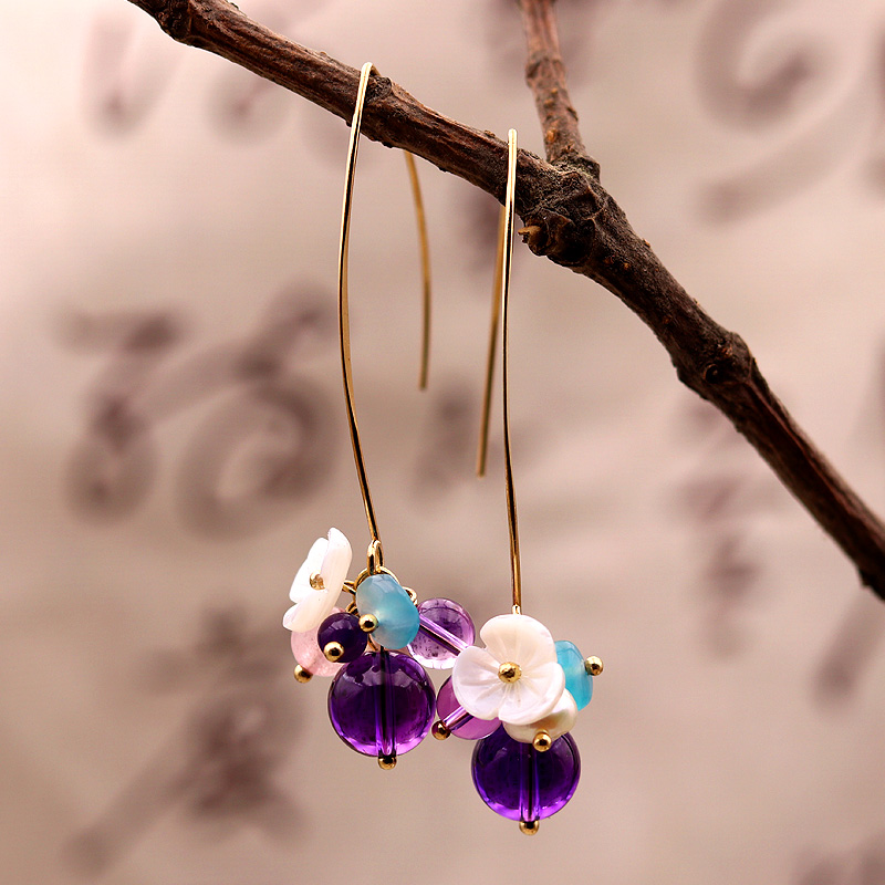 Long version of fashion Dongling jade earrings shell cherry blossom earrings Korean all-match temperament ear needles small fresh earrings Sen series