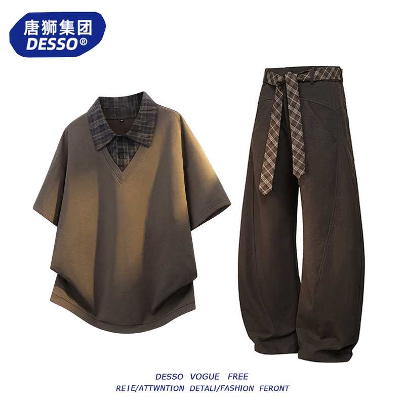 Tangshi Group Desso High-End Casual Suit for Men, Summer Trendy Brand Fake Two-Piece Short-Sleeve T-Shirt and Long Pants Set