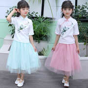 Ít cô gái phong cách mùa hè retro Trung Quốc phong cách sửa đổi Han quần áo phù hợp ở cậu bé cô gái lớn ngắn tay sợi váy Tang váy