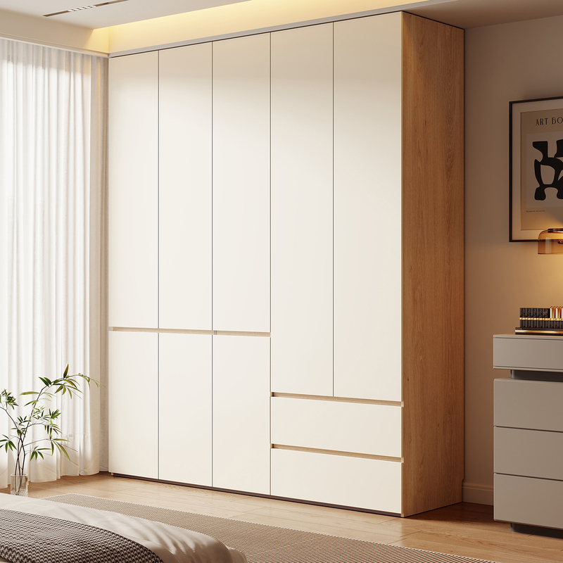 Foshan Solid Wood Wardrobe Oak Home Bedroom Natural Wood Off-White Segmented Finished Cabinet 2026 Model Large Wardrobe