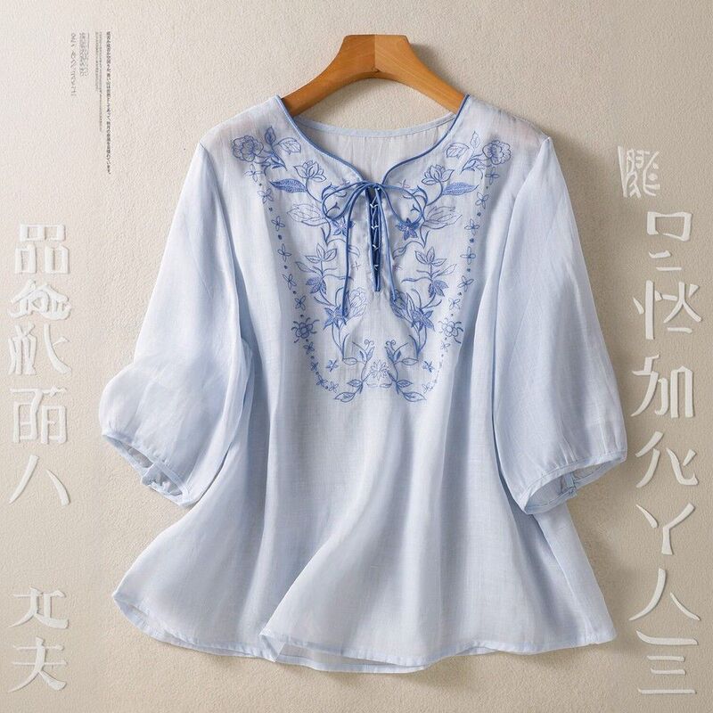 National Style Cotton and Linen Heavy Embroidery V-Neck Tie Shirt for Women, Summer Thin Breathable Blouse, Elegant and Age-Reducing Women's Top National Style Cotton and Linen Heavy Embroidery V-Neck Tie Shirt for Women, Summer Thin Breathable Blouse, Elegant and Age-Reducing Women's Top