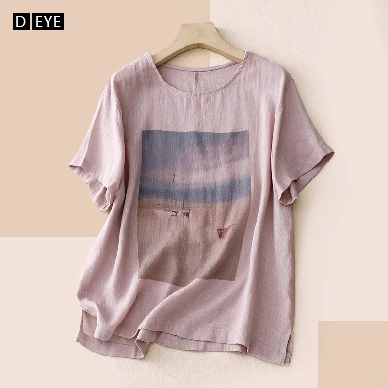 Pink Linen Short-Sleeved T-Shirt for Women, Summer 2025 New Style, Retro Print, Loose and Slimming Top, Cotton and Linen T-Shirt Pink Linen Short-Sleeved T-Shirt for Women, Summer 2025 New Style, Retro Print, Loose and Slimming Top, Cotton and Linen T-Shirt