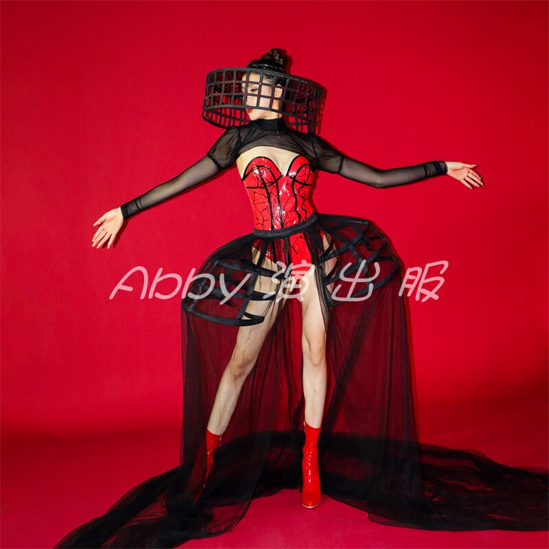 Bar European and American Style Red磨坊 Performance Costumes Gogo Red Large Skirt Birdcage Skirt Sequin Corset Photography Outfit