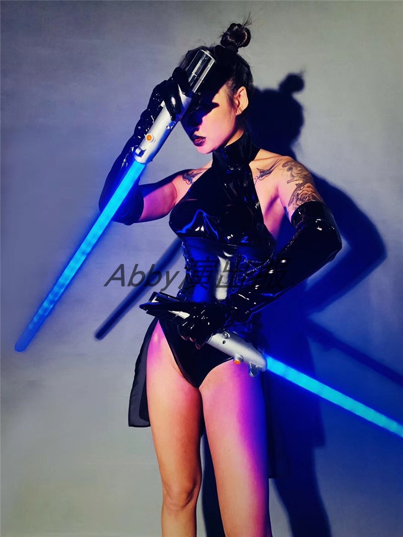 Bar black leather jumpsuit female warrior performance suit GOGO latex party fighting party laser sword performance suit