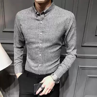 Hong Kong fashion men long sleeve shirt 2021 Autumn New Korean slim solid color striped casual shirt Men's