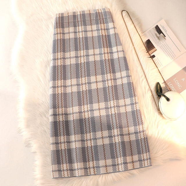 Autumn and winter plaid knitted skirt women's mid-length 2022 new small tall waist slimming hip-covering a-line long skirt