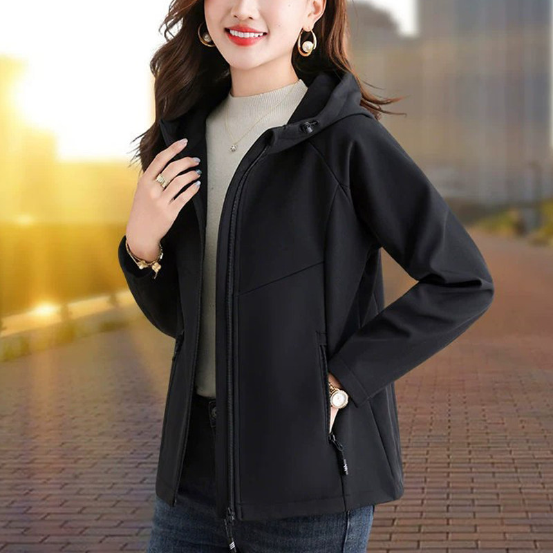 Black Softshell Jacket for Women, 2026 Spring and Autumn New Style, High-End Casual Hooded Jacket