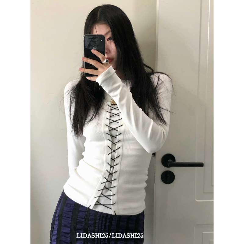Lidashi25 Color-Blocked Cross-Strap Long-Sleeve T-Shirt for Women, Simple and Versatile, Faux Two-Piece Design, White Base Layer