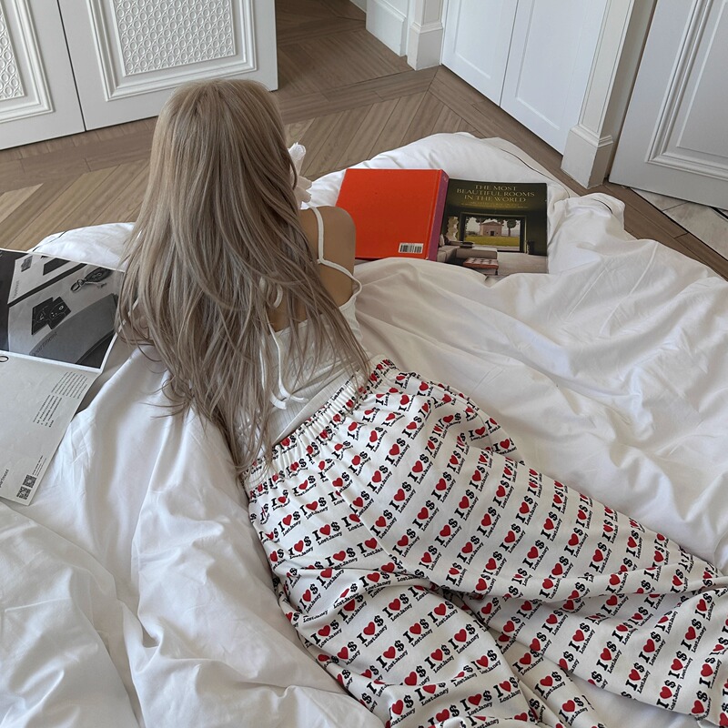 Lostjaney Love＄Full-Print Retro Heart Print Soft Thin Velvet Wide-Leg Sweatpants Spring and Summer Casual Pants