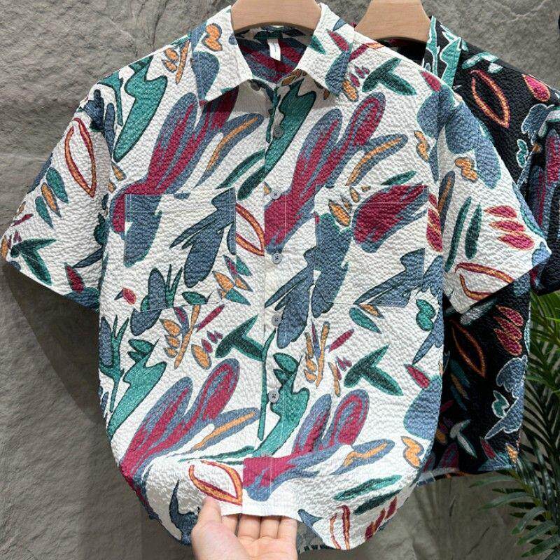 夏季新款轻奢男士潮牌高级感花色短袖衬衫时尚印花休闲百搭衬衣服