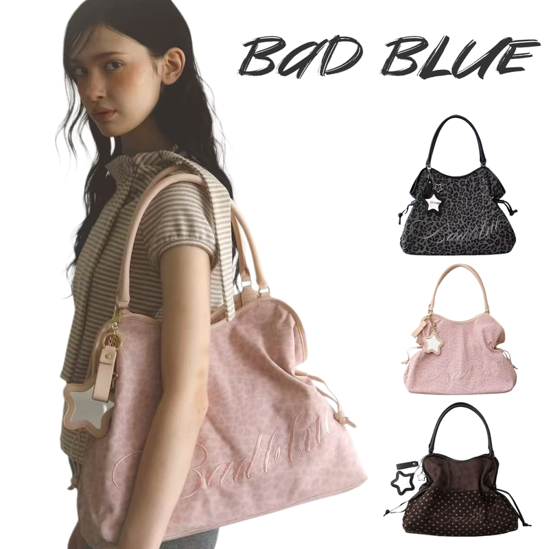 Korean New Badblue Embroidered Leopard Print Bag Sweet Cool Style Large Capacity Shoulder Bag with Mirror Pendant Y2K Tote Bag