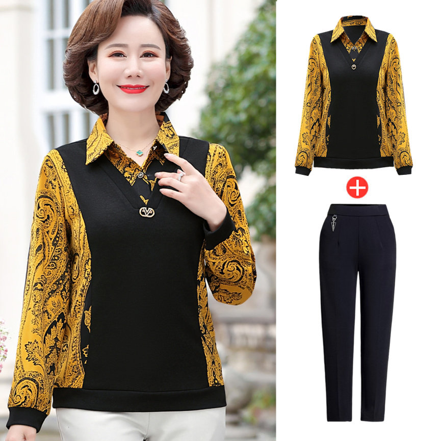 2022 autumn new mother's fake two-piece shirt middle-aged and elderly women's long-sleeved T-shirt lapel top Western style suit