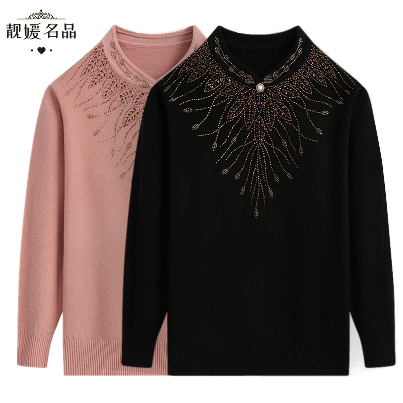 Mother Clothing Spring Foreign Pine Knitted Sweatshirt Middle-aged Women Loose Qipao Collar Wool Sweater Mid-Aged Women Dress Thin Sweater