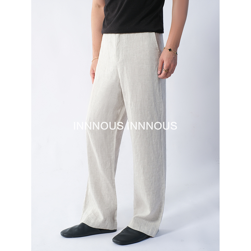 Inn Nous|100% French Imported Rain Dew Linen Texture Light Luxury Old Money Style Elastic Waist Straight Casual Pants Inn Nous|100% French Imported Rain Dew Linen Texture Light Luxury Old Money Style Elastic Waist Straight Casual Pants