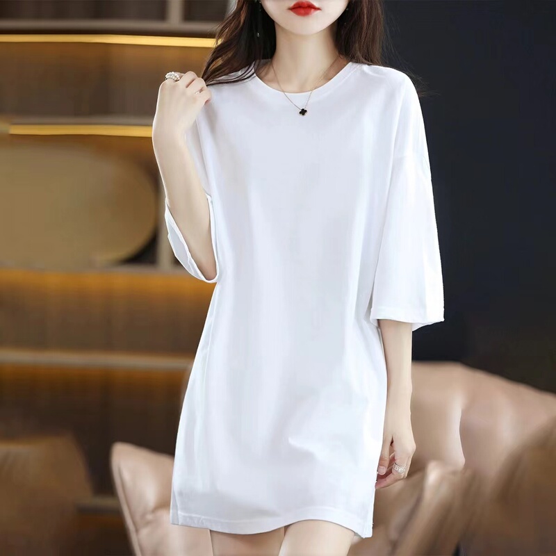 100% Pure Cotton Long T-Shirt for Women, New Summer Style, Loose Fit, Plus Size, European Style, Large Version, Covers the Hips, Mid-Length, Short-Sleeved Top