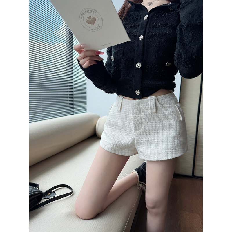 Okmashop "Smart Little Chanel Style" White Tweed Casual Shorts for Women with Hidden Back Zipper, Autumn