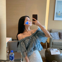 2021 summer new strapless chiffon shirt womens ruffle short-sleeved very fairy one-shoulder top Western style super fairy sweet
