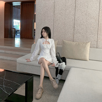 White dress female 2021 autumn new two-wear pleated a-line skirt sexy hollow lace-up strapless skirt tide