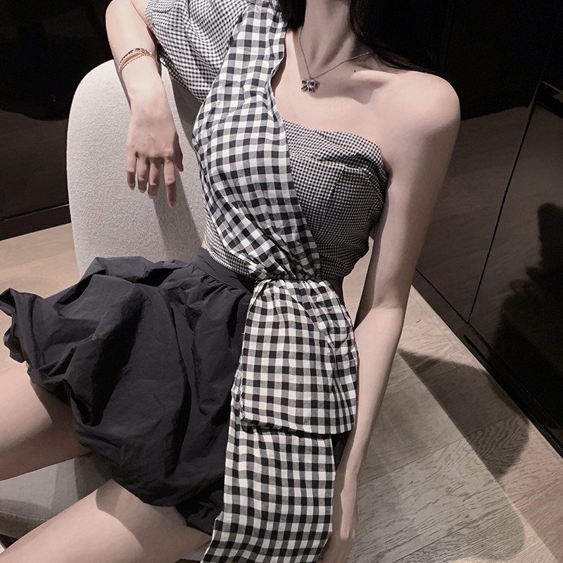 Plaid shirt women's 2021 summer new lace-up stitching short strapless sexy top Western design sense niche