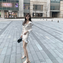 Sexy one-shoulder dress female autumn 2021 mind pleated design drawstring hollow white fishtail skirt