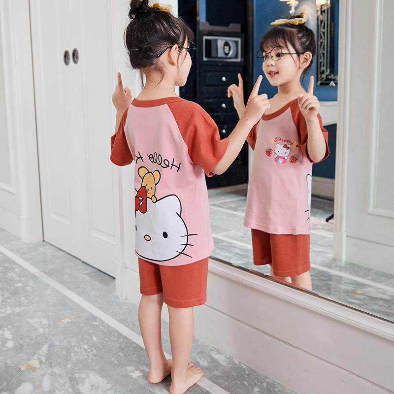 Children's pajamas girls summer Kitty cat suit 2021 new thin cartoon cute two-piece home clothes