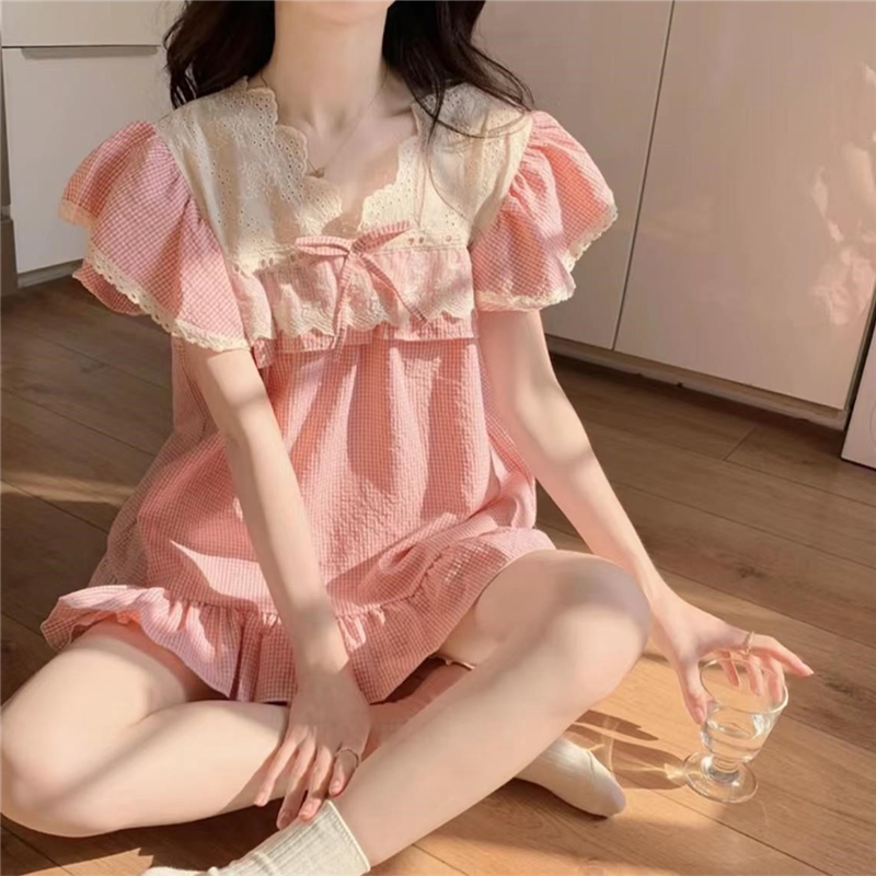 Japanese Gp Pure Cotton Pajamas for Women, Summer Lace Sweet Princess Style Short-Sleeved Home Wear, Korean Version Cute Two-Piece Set Japanese Gp Pure Cotton Pajamas for Women, Summer Lace Sweet Princess Style Short-Sleeved Home Wear, Korean Version Cute Two-Piece Set