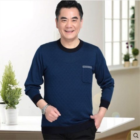 Mùa thu lụa mỏng phần cổ tròn tay dài băng lụa Áo thun cotton nam cha tải áo trung niên 40-50 tuổi 60 áo thun adidas