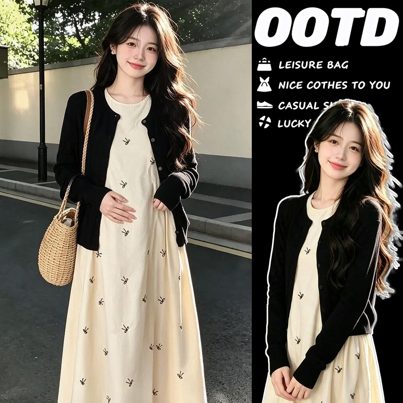 [Outfits for Pregnant Moms] New Stylish Maternity Wear That Doesn'T Show Off the Pregnancy, Pure Cotton Loose-Fitting Tank Dress + Knitted Cardigan