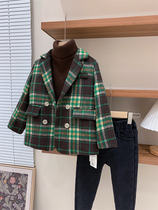 Pint child clothing 2022 Girls Inn Wind retro green Gair Spring autumn double-row buttoned suit collar single-sided jacket