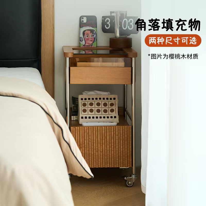 Movable Bedside Table, Extremely Narrow, Solid Wood, Light Luxury, High-End Feel, Bedroom Storage Cabinet with Wheels, Vintage Sofa Side Cabinet Movable Bedside Table, Extremely Narrow, Solid Wood, Light Luxury, High-End Feel, Bedroom Storage Cabinet with Wheels, Vintage Sofa Side Cabinet