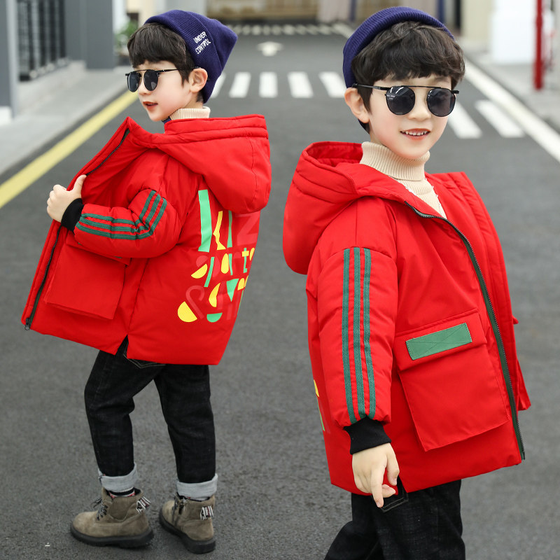 Korean boy's padded jacket, foreign style, warm down cotton padded jacket, short thickened hooded jacket, big boy's jacket, winter red
