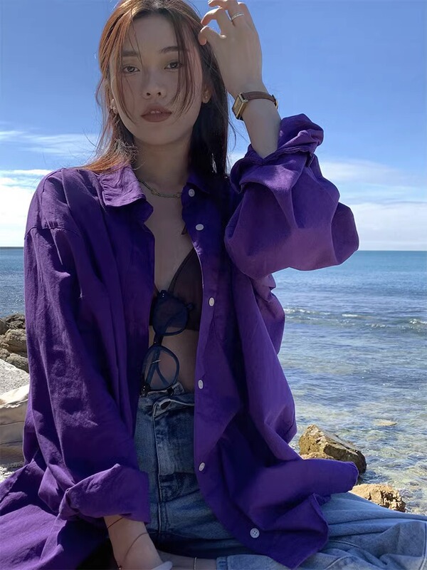 French-Style Spring and Autumn New Retro Purple Long-Sleeved Shirt, Loose Fit, Flattering, Pure Cotton, Casual, Stylish, Age-Reducing Shirt Jacket