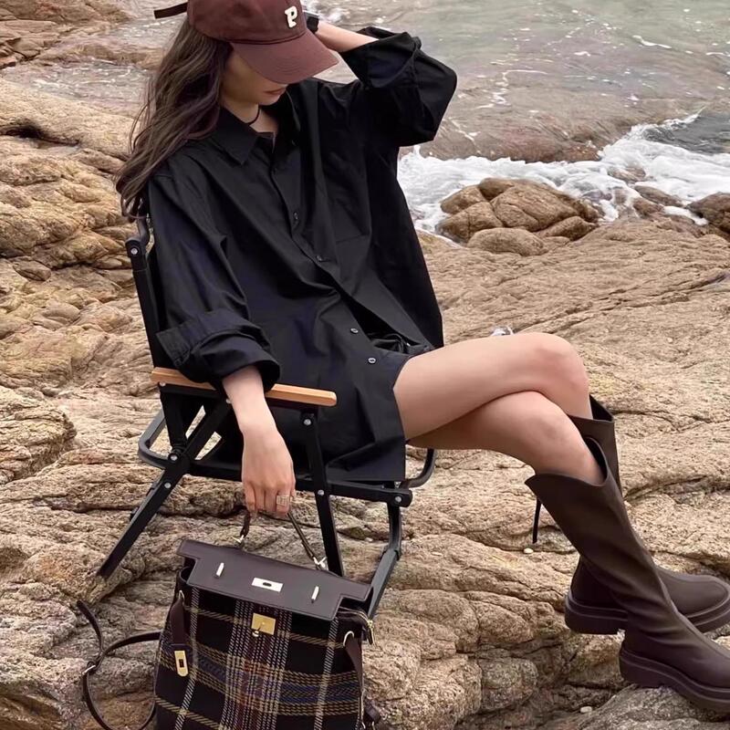 Spring and Autumn New Korean Style Black Long-Sleeved Shirt for Women, Loose, Casual, Fashionable, Versatile, High-End, Niche Layered Top