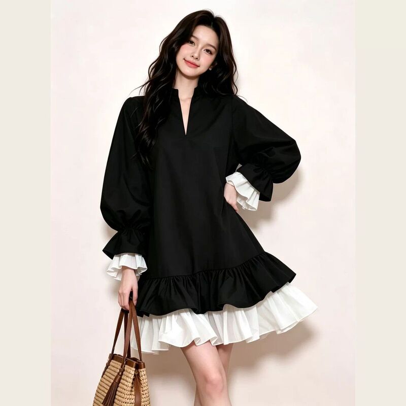 Extra Large Size 150kg Plus-Size Sister Style French Color-Blocked Ruffled Bell-Sleeve Dress for Women, Loose Shirt Dress for Spring and Autumn 2 Extra Large Size 150kg Plus-Size Sister Style French Color-Blocked Ruffled Bell-Sleeve Dress for Women, Loose Shirt Dress for Spring and Autumn 2