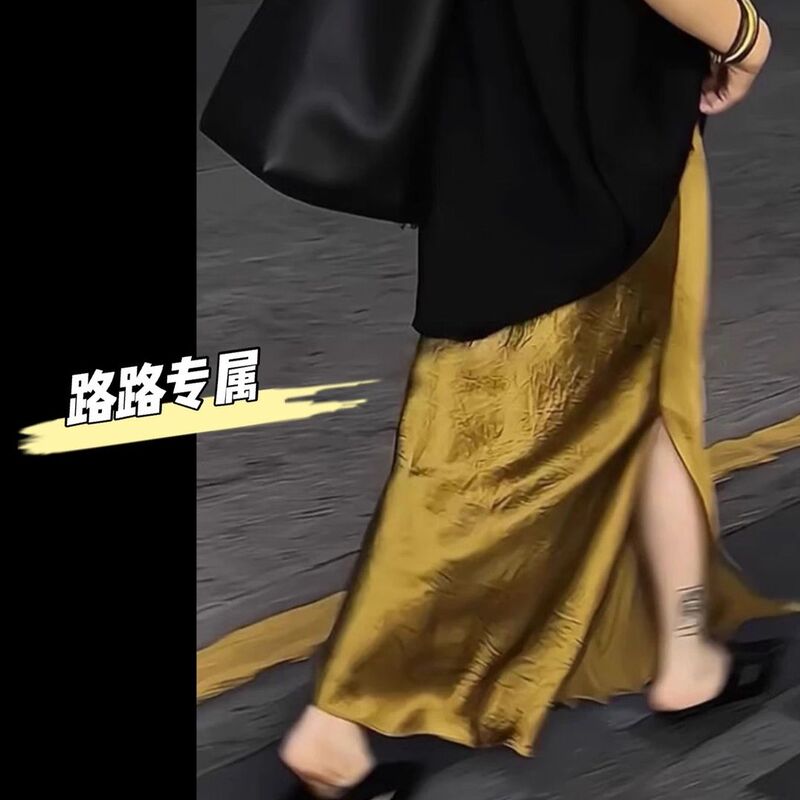 Plus Size 150kg Gold Satin Acetate Slit Skirt for Women, Spring and Autumn High-End Hip-Hugging Long Skirt2