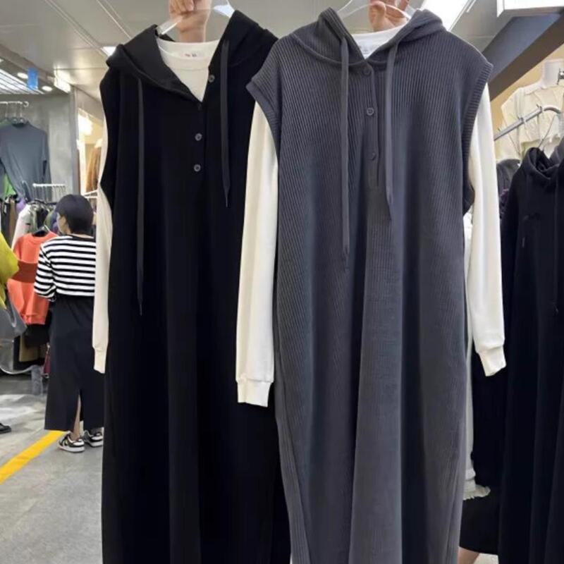 Plus Size 150kg Fat Sister Style Hooded Vest Sweatshirt Dress for Women, Spring and Autumn Sleeveless Outerwear, Long Over-The-Knee Dress