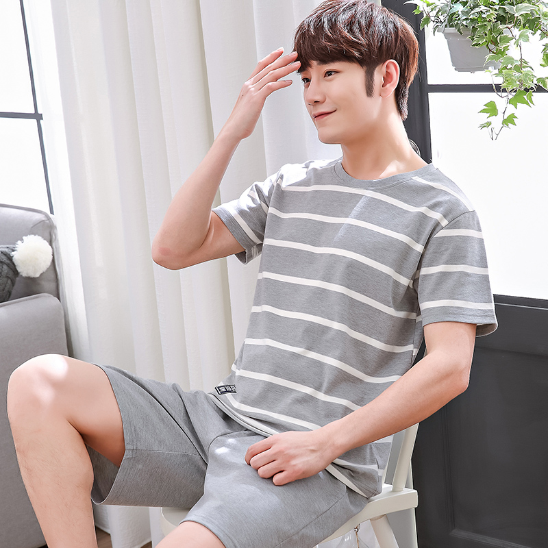 Summer Men's Pajamas Short Sleeves Shorts Pure Cotton Thin set up for overweight Summer Male Striped Youth Home Conserved