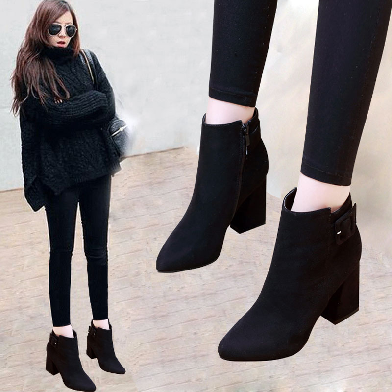 Short boots women's thick heels 2018 autumn and winter new boots black high-heeled Martin boots frosted small heels bare boots pointed shoes