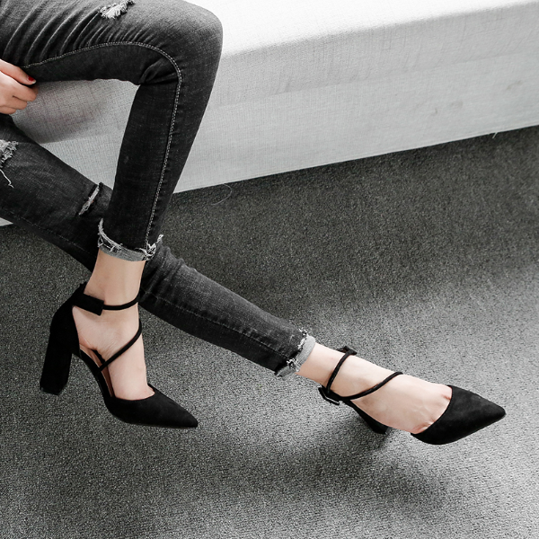 Small fresh high-heeled shoes 18-20 years old girls girl princess one word buckle belt 5cm thick heel pointed toe medium heel sandals for women