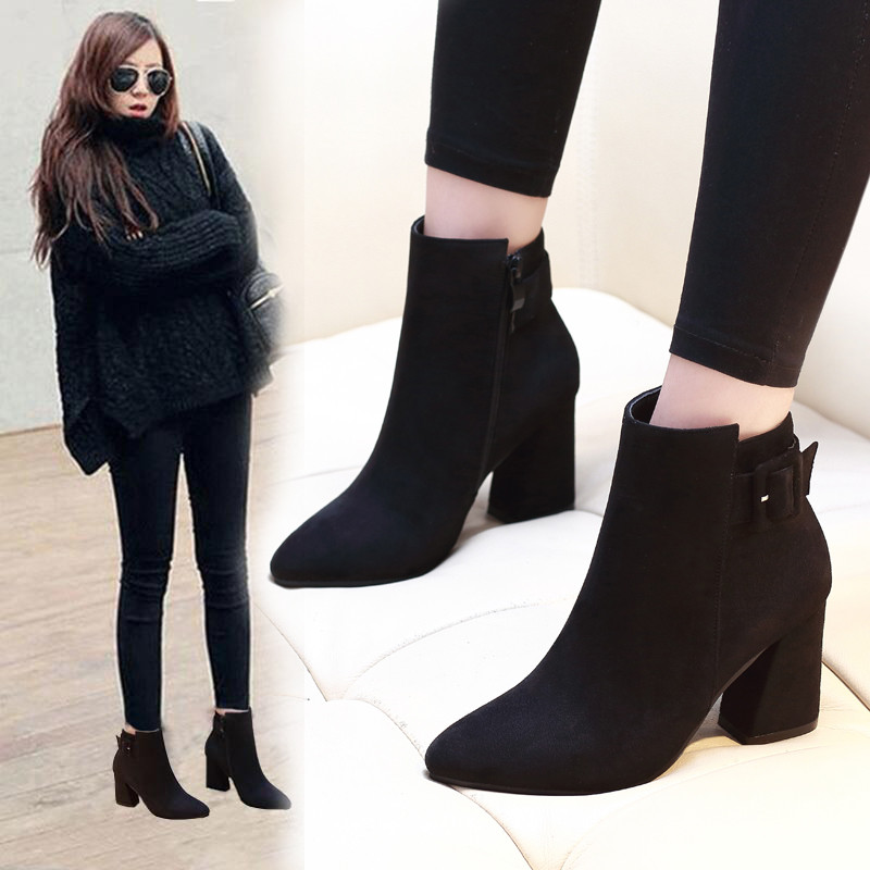 Short boots women's thick heel 2019 autumn and winter new high-heeled pointed toe Martin boots and bare boots all-match ankle boots single boots women's cotton shoes