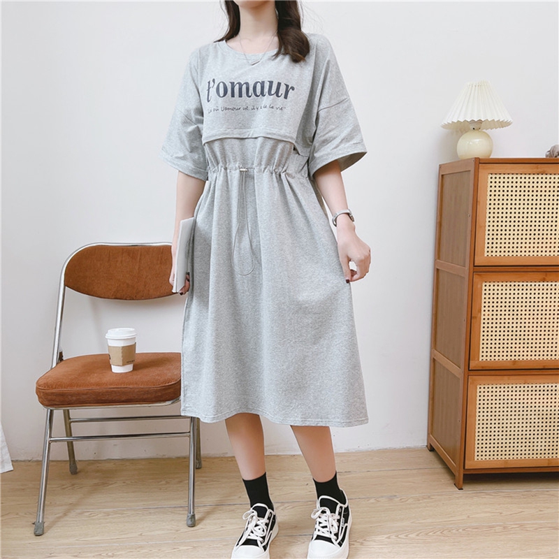 Summer Maternity Nursing Dress, Fashionable Postpartum Clothing for Trendy Moms, Over-The-Knee Long Zipper-Style Nursing Clothes
