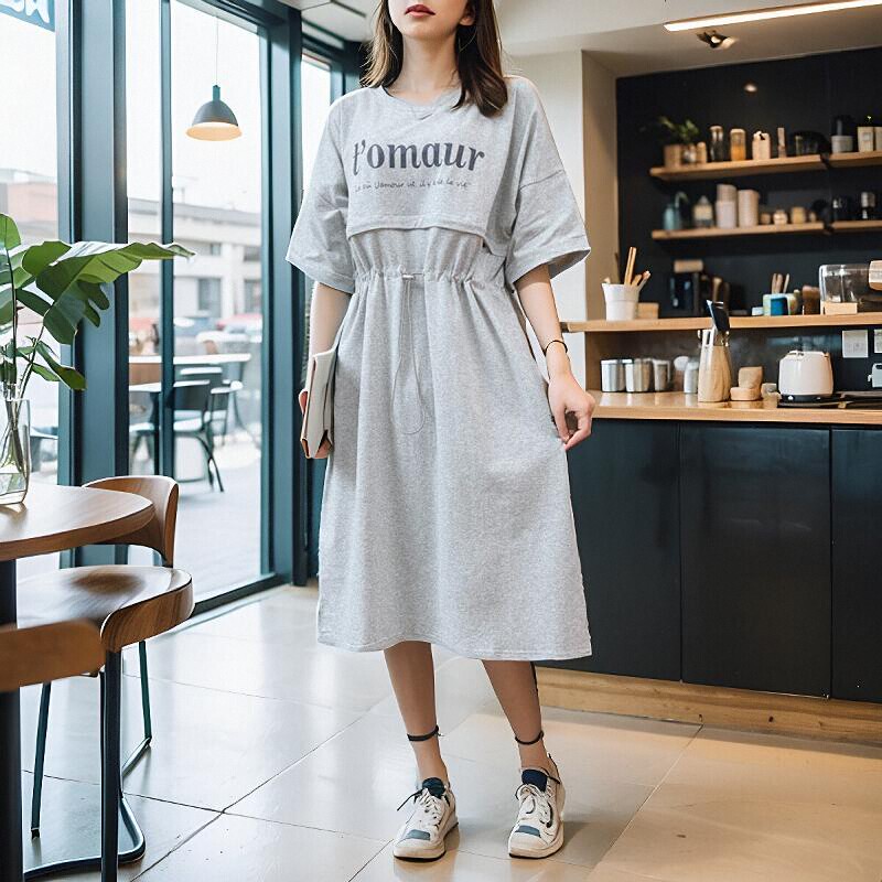 Summer Maternity Nursing Dress, Fashionable Postpartum Clothing for Trendy Moms, Over-The-Knee Long Zipper-Style Nursing Clothes